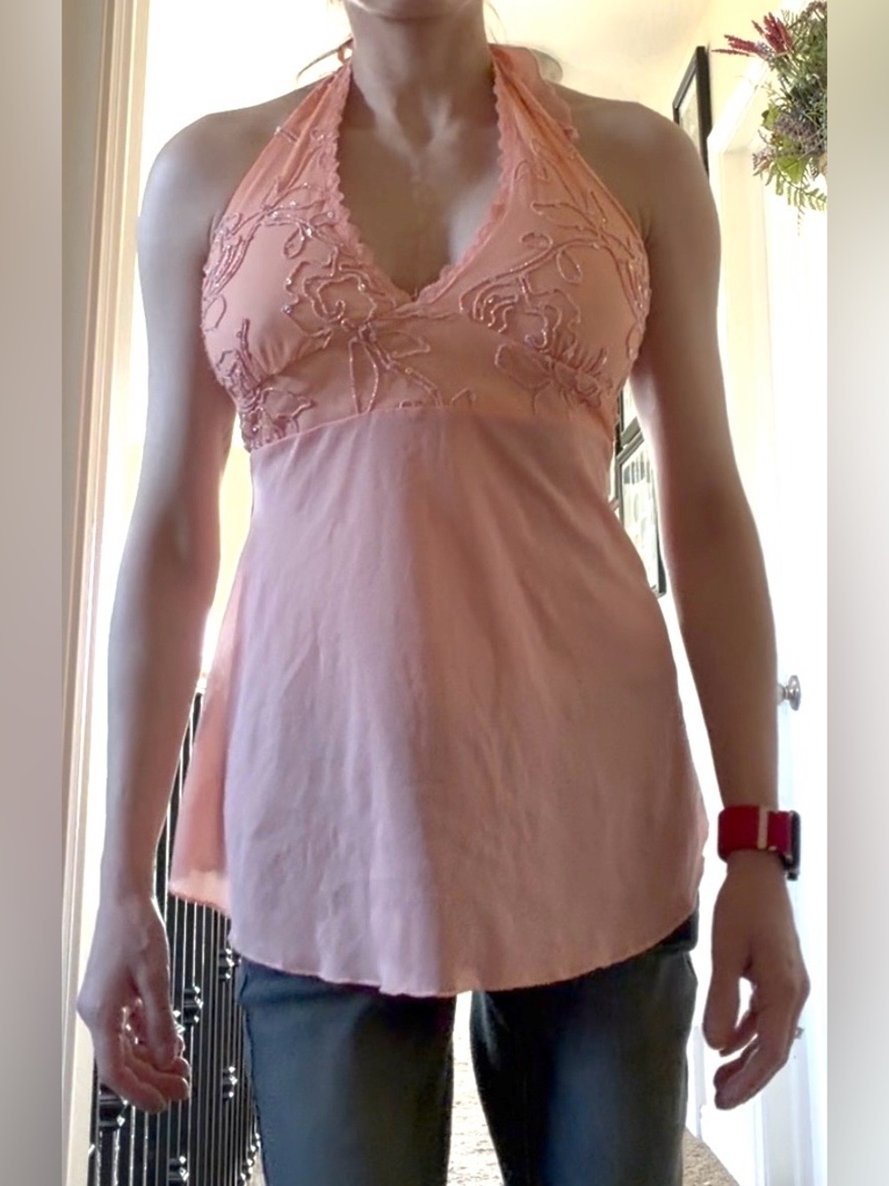 Small NWOT Women's Blush Pink Halter top with Lace Embroidery